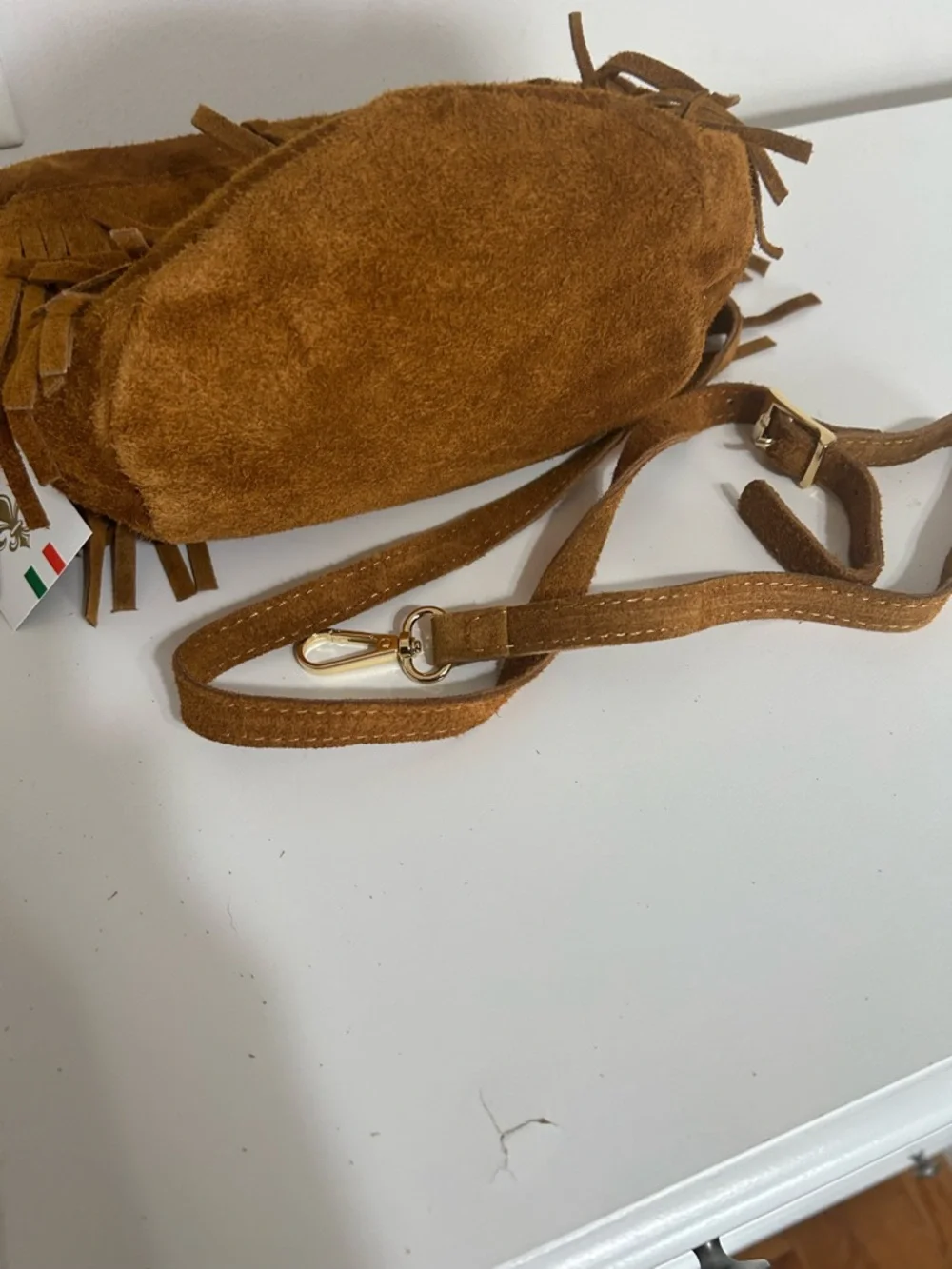 NWT Marlon Made in Italy Suede Hobo Bucket Bag Crossbody with Fringe Trim